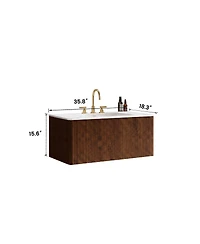 Sillysis 30" Modern Wall Mounted Bathroom Vanity with Carrara Integrated Ceramic Sink, Push-Open Walnut Striped Storage Drawer