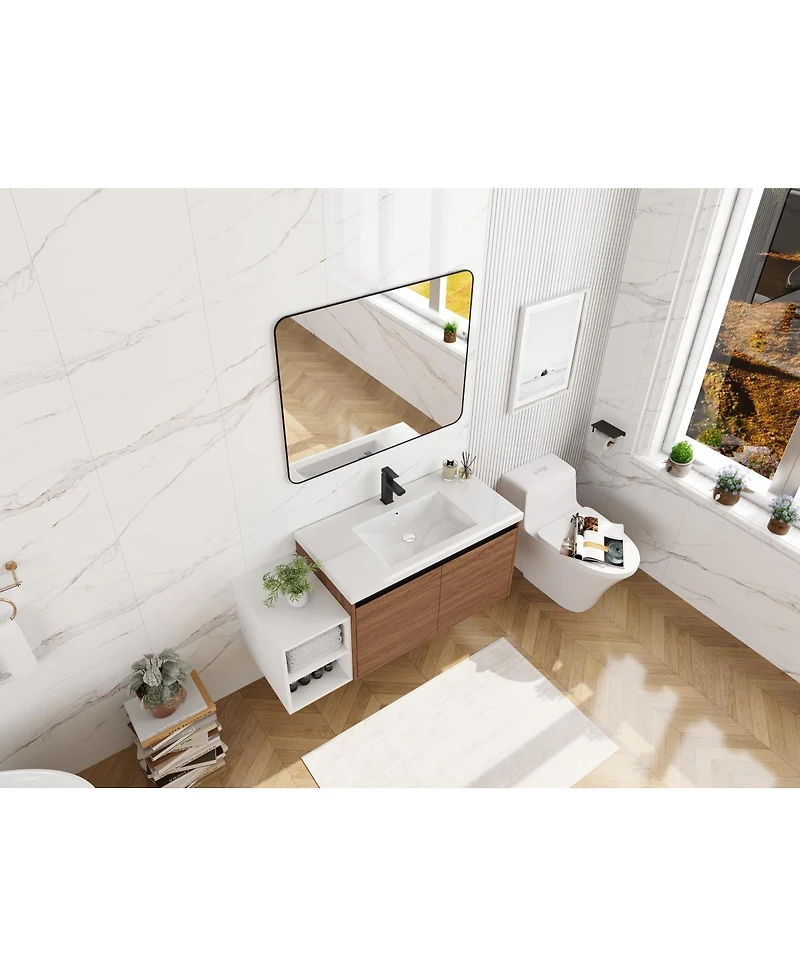Sillysis Inch Wall Mounted Bathroom Vanity with Resin Sink and Open Storage Shelves for Modern Small Bathrooms