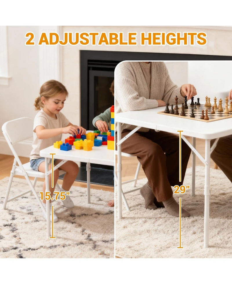 homfan Folding Computer Desk, 34 Inch White Portable Card Table with Adjustable Height and Handle for Home or Office