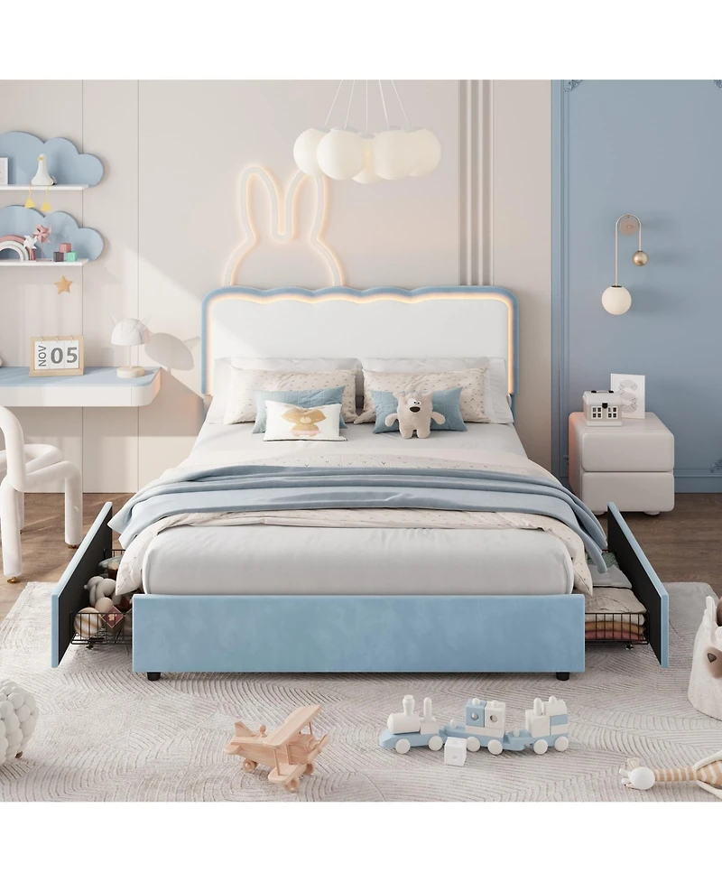 homfan Full Upholstered Led Bed Frame with 2 Storage Drawers, Velvet Platform Bed with Wavy Headboard, Wood Slat Support