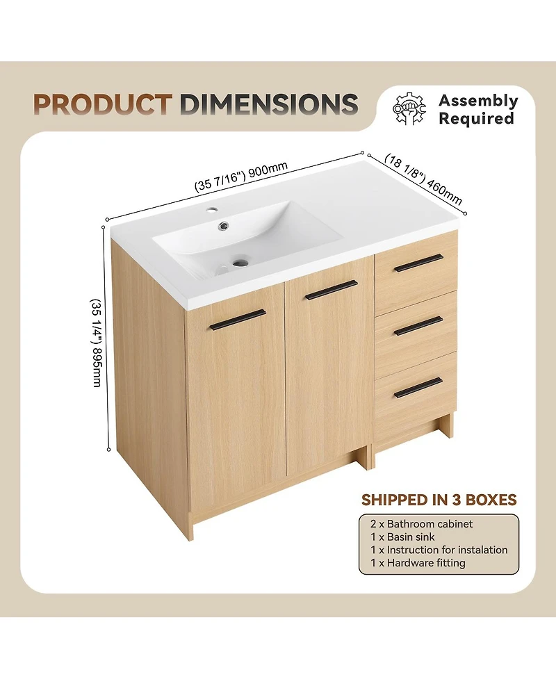 Sillysis 36 Inch Freestanding Bathroom Vanity with 3 Drawer Cabinet, Integrated Resin Sink