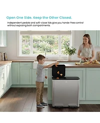Home Zone Living 21 Gallon Dual Compartment Kitchen Trash Can with Dual Step Pedals, Soft-Close Lids and Odor Control, Stainless Steel.
