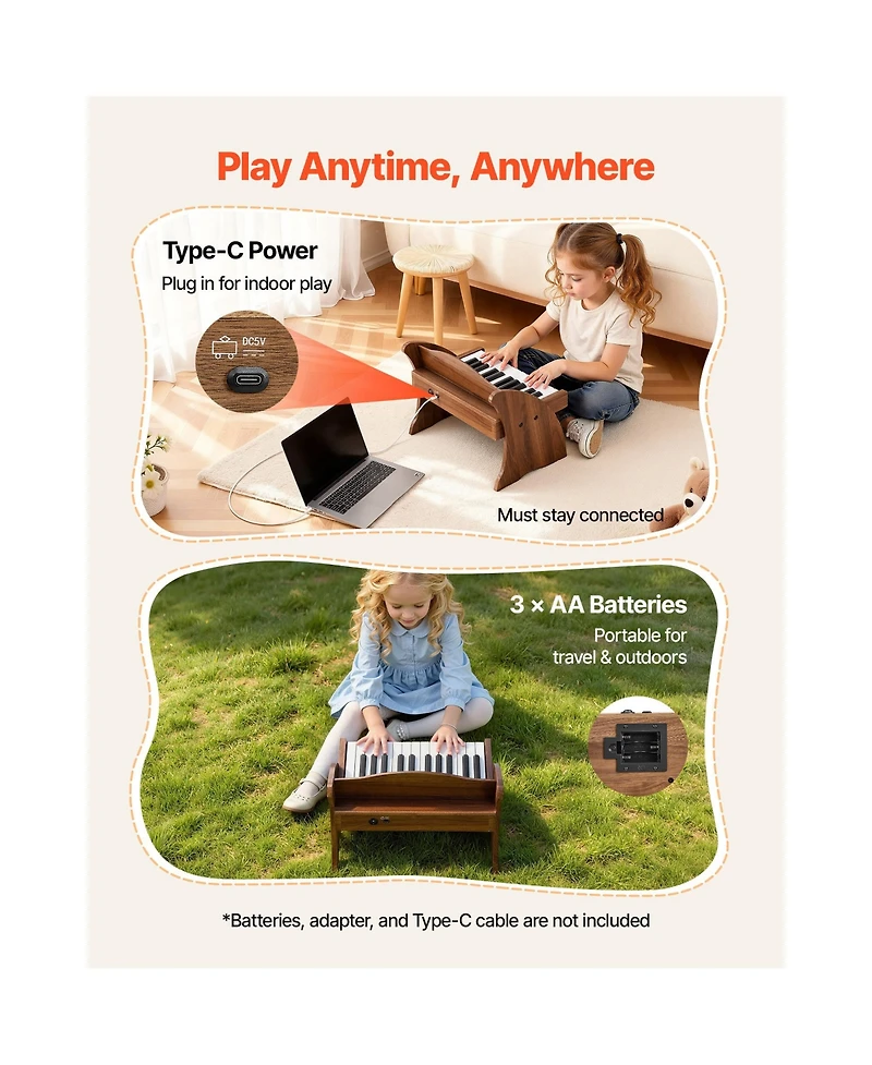 Mecale 25 Key Kids Wooden Piano in Walnut with Music Stand, Ages 3+