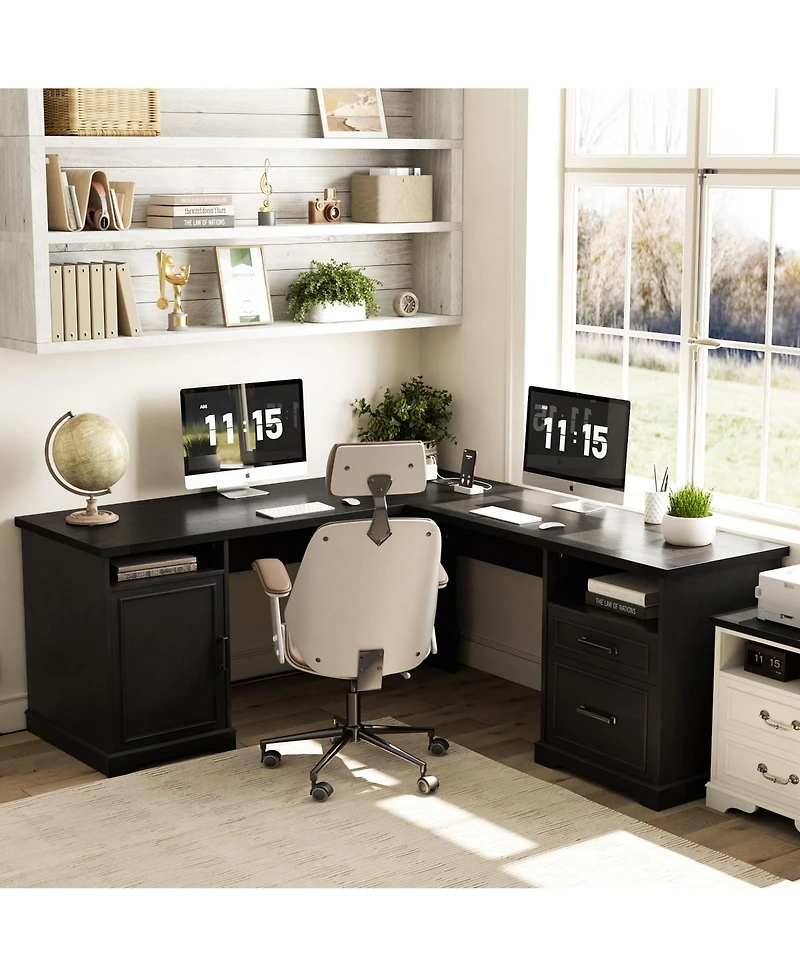 Aheaplus Corner L-Shape Desk with Charging Station and File Cabinet
