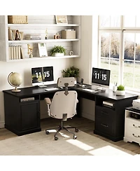 Aheaplus Corner L-Shape Desk with Charging Station and File Cabinet
