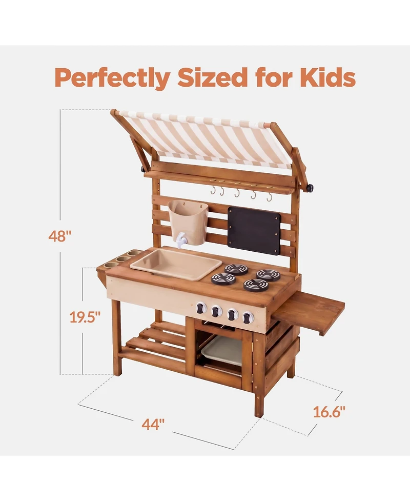Best Choice Products Deluxe Wooden Outdoor Mud Kitchen for Kids with Canopy, Water Tank, Faucet and 11pc Accessories