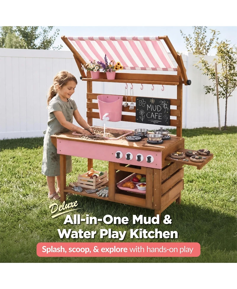 Best Choice Products Deluxe Wooden Outdoor Mud Kitchen for Kids with Canopy, Water Tank, Faucet and 11pc Accessories