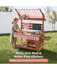 Best Choice Products Deluxe Wooden Outdoor Mud Kitchen for Kids with Canopy, Water Tank, Faucet and 11pc Accessories