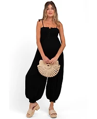 Pinkblush Maternity Black Smocked Button Front Shoulder Tie Jumpsuit