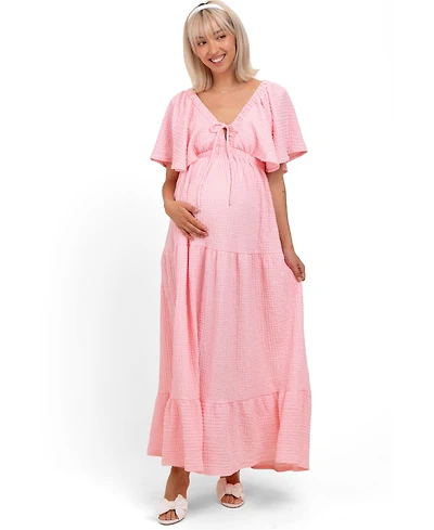 Pinkblush Light Blue Woven Textured Flutter Sleeve V-Neck Tiered Maternity Maxi Dress