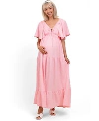 Pinkblush Light Blue Woven Textured Flutter Sleeve V-Neck Tiered Maternity Maxi Dress