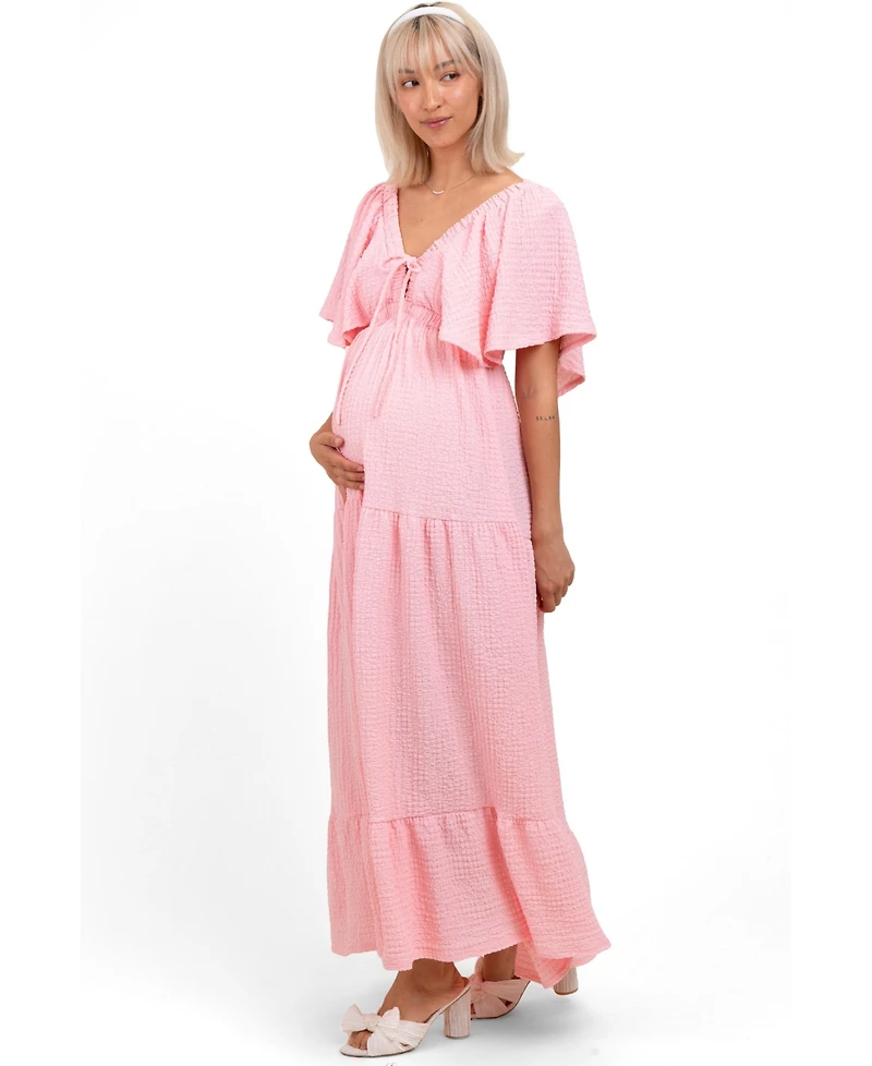 Pinkblush Light Blue Woven Textured Flutter Sleeve V-Neck Tiered Maternity Maxi Dress