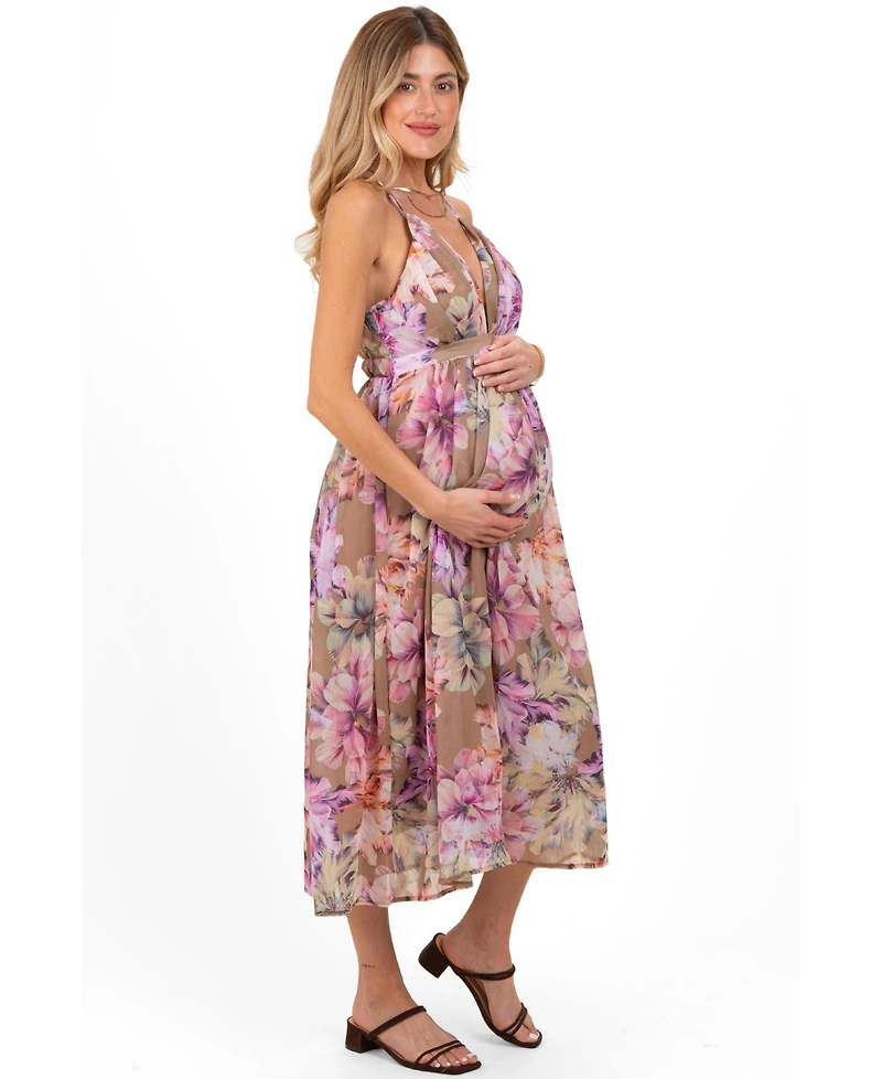 Pinkblush Maternity Tan Floral Open Back Midi Dress