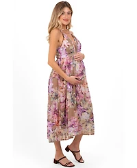 Pinkblush Maternity Tan Floral Open Back Midi Dress