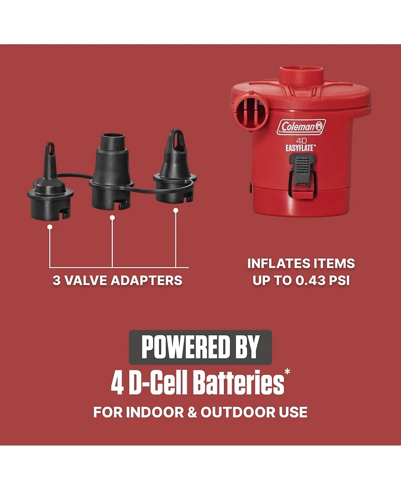 Coleman EasyFlate 4D Electric Air Pump, Battery Powered Inflator with 3 Adapters