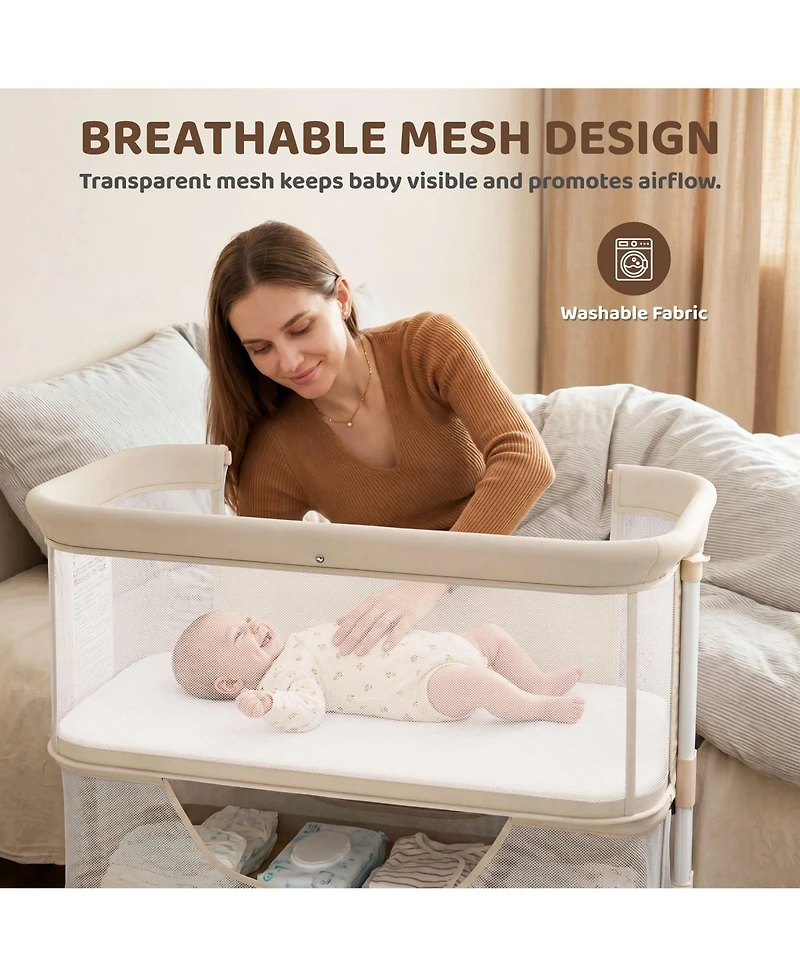 Kinder King Baby 3-in-1 Bassinet Bedside Sleeper with Adjustable Height, Mosquito Net and Wheels
