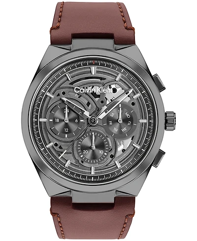 Calvin Klein Men's Distinguish Skeleton Dark Brown Leather Strap Watch 44mm