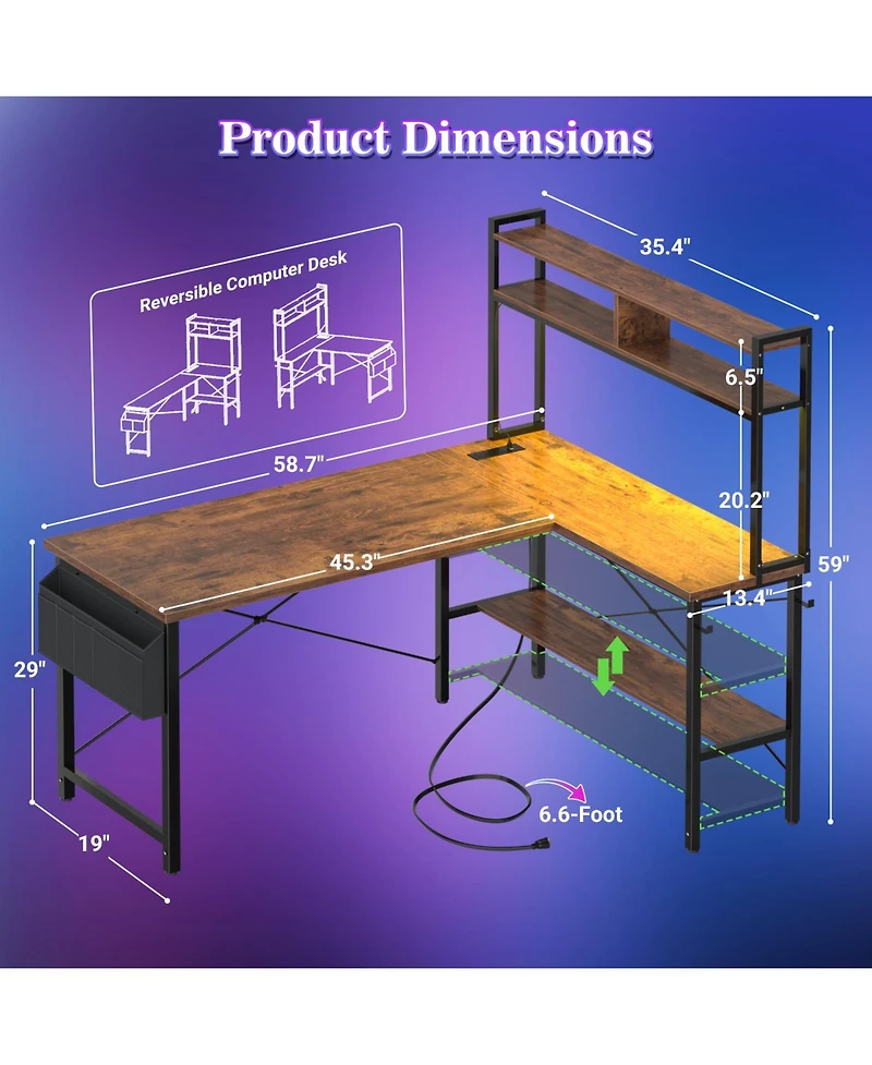 Aheaplus 49'' Reversible L Shaped Gaming Desk with Power Outlet and Led Lights, Corner Hutch & Monitor Stand