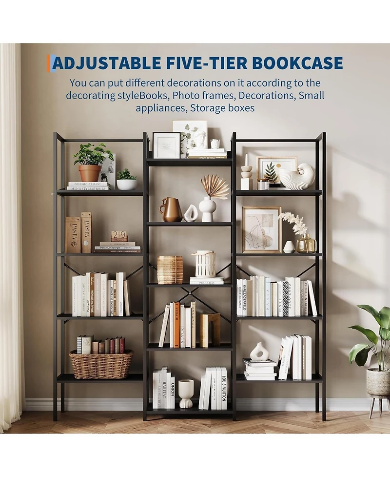 gaomon Triple Column 5-Tier Bookshelf, Rustic Industrial Style Book Shelves