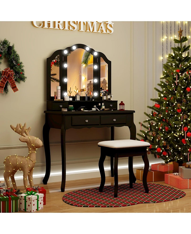 Volenca Lighted Makeup Vanity Set with Mirror, Drawers, and Cushioned Stool