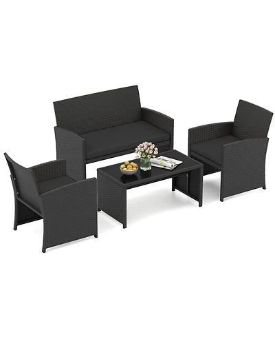 Sugift 4-Piece Steel Frame Rattan Patio Sofa Set with Tempered Glass Tabletop