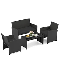 Sugift 4-Piece Steel Frame Rattan Patio Sofa Set with Tempered Glass Tabletop
