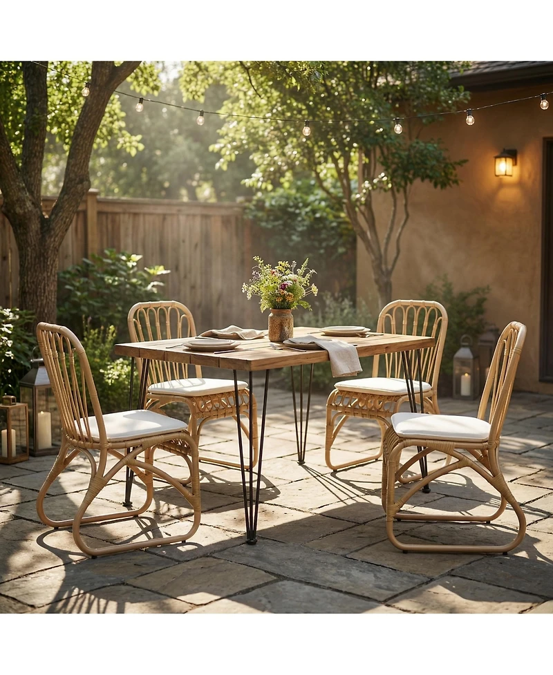Clihome 5 Piece Outdoor Dining Set Solid Acacia Wood Square Table Pe Rattan Chairs with Cushion