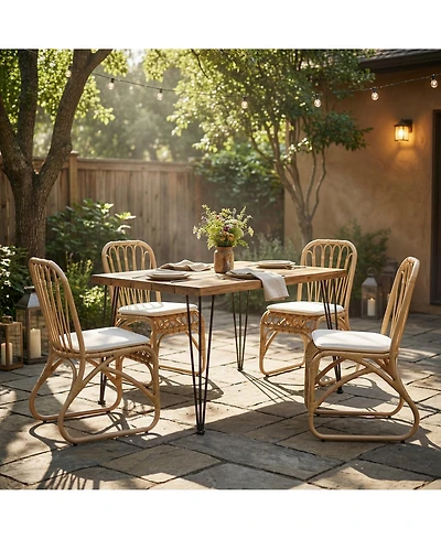 Clihome 5 Piece Outdoor Dining Set Solid Acacia Wood Square Table Pe Rattan Chairs with Cushion