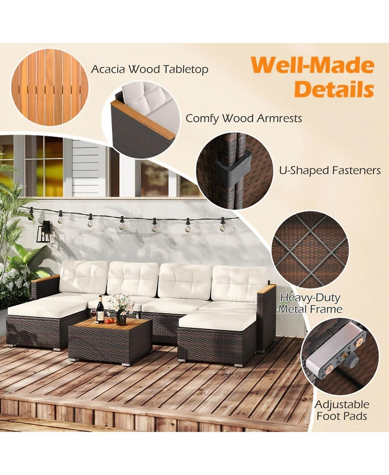 Gouun 7-Piece Wicker Patio Sectional with Acacia Wood Armrests and Ottoman