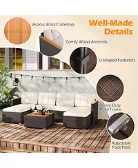 Gouun 7-Piece Wicker Patio Sectional with Acacia Wood Armrests and Ottoman