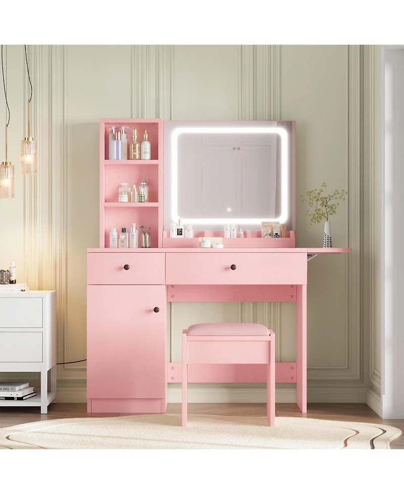 gaomon Vanity Desk with Mirror and Light, Makeup Vanity Table with Charging Station, Large Storage Cabinet and 2 Drawers and 3 Open Shelves