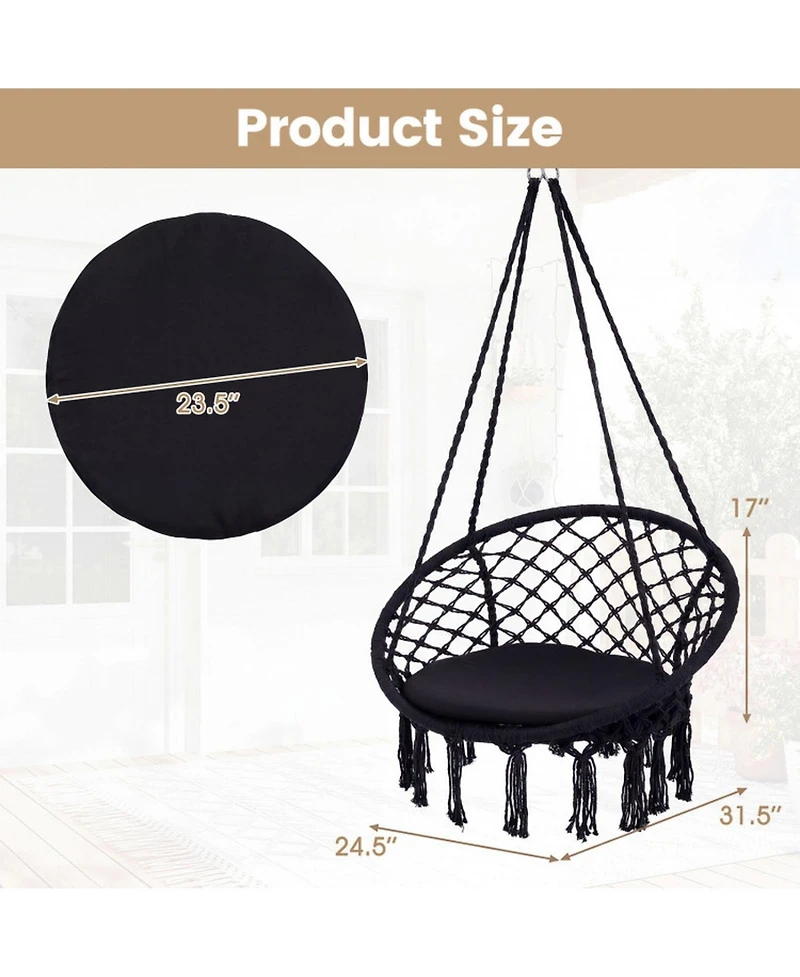 Gouun Macrame Swing Chair Hammock with Round Seat Cushion for Indoor Patio