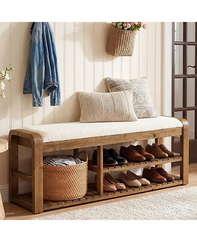 Tribesigns 55" Shoe Storage Bench with Removable Cushion, 2-Tier Farmhouse Solid Wood Entryway Shoe Rack, End of Bed Storage Upholstered Bench