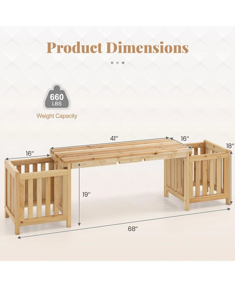 Sugift 68 in Two-Person Fir Wood Patio Bench with Dual Planters