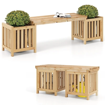 Sugift 68 in Two-Person Fir Wood Patio Bench with Dual Planters