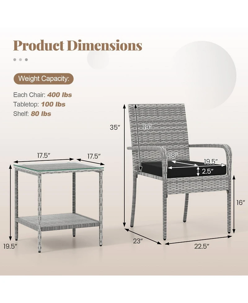 Gouun 3-Piece Rattan Patio Set with Cushioned Chairs and 2-Tier Glass Side Table