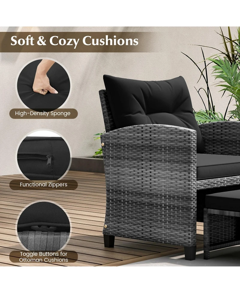 Gouun 5-Piece Pe Rattan Patio Set with 2 Ottomans, Chairs and Tempered Glass Coffee Table