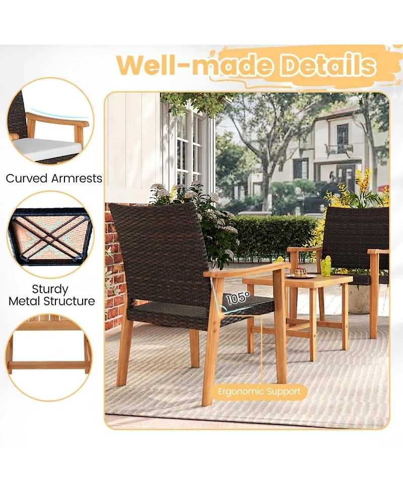 Gouun 3-Piece Pe Wicker Bistro Set with Acacia Wood Frame and Side Table