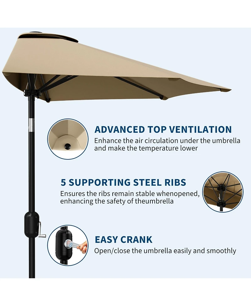 gaomon 9 Ft Half Patio Umbrella Outdoor - Smooth Crank Lift Sun Shade Canopy For Backyard, Garden, Deck, Balcony, Durable Weather-Resistant Fabric