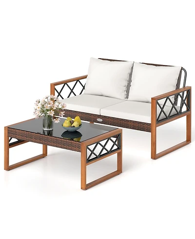 Sugift 2-Piece Acacia Wood and Pe Wicker Patio Loveseat with Coffee Table