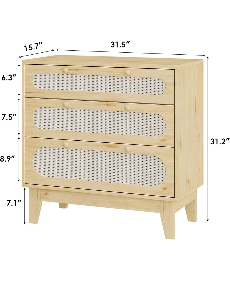 gaomon Modern Rattan 3 Drawer Dresser, Sturdy Wooden Chest, Spacious Bedroom Storage Organizer for Hallway, Closet, Bedroom or Living Room.