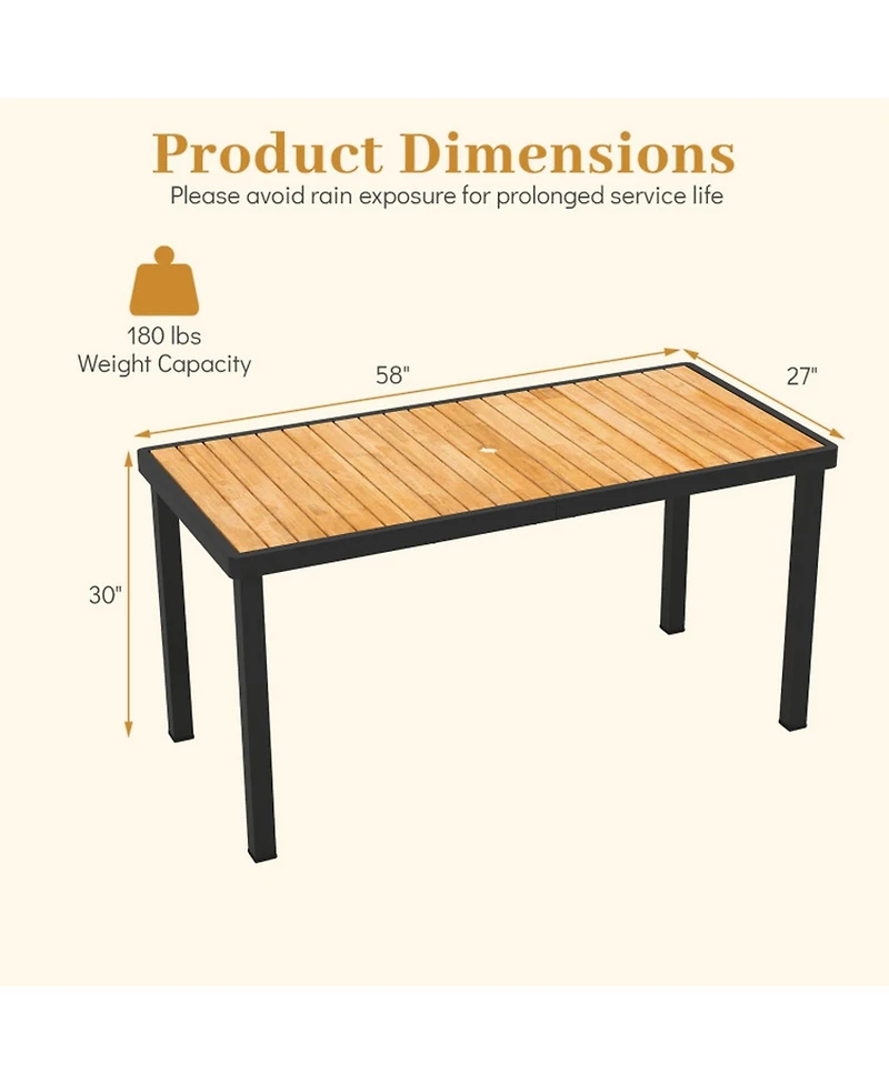 Gouun 58 In Acacia Wood Outdoor Patio Dining Table with 1.97 In Umbrella Hole for 6