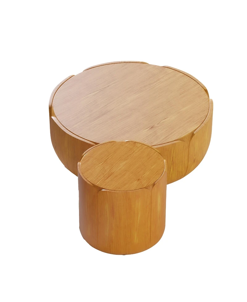 Clihome Round Outdoor Indoor Coffee Table Set, Modern Wood Grain Drum Center Table of 2