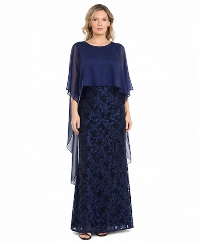 R & M Richards Women's Long Glitter Lace Boat Dress