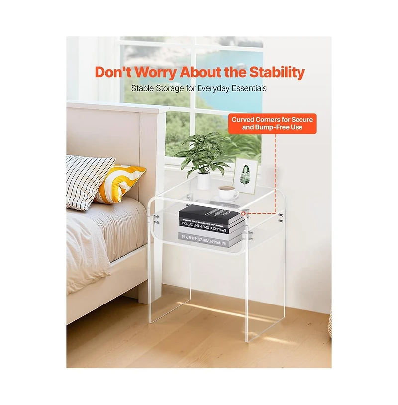 Sugift Acrylic Side Table 2 Tiers Clear Bedside Table with Storage Shelf