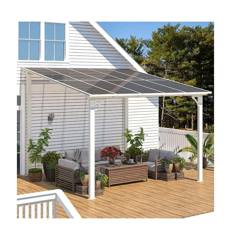 gaomon Hardtop Wall Mounted Gazebo with Gutters and Galvanized Steel Roof, 60MPH Wind Resistance, Lean to Gazebo Pergola with Sloped Roof for Deck