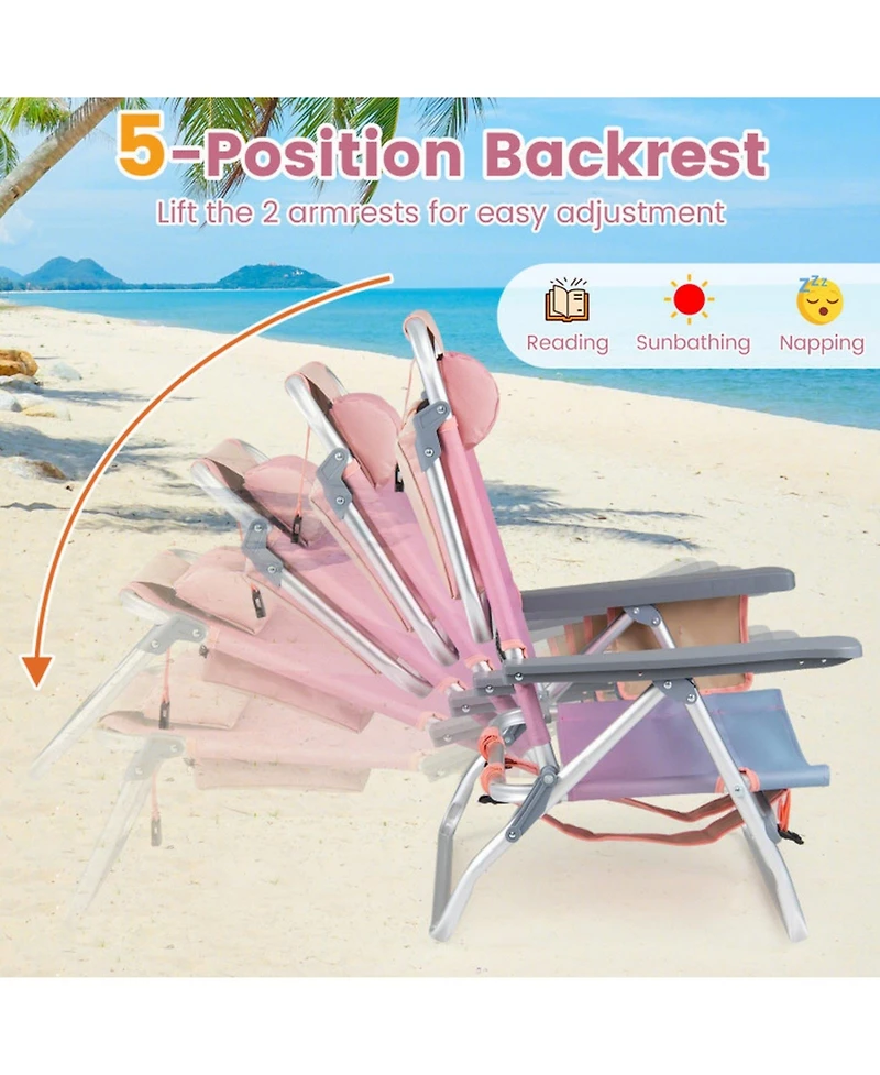Sugift Set of 2 Portable Folding Backpack Reclining Beach Chairs with 5-Position Backrest Headrest