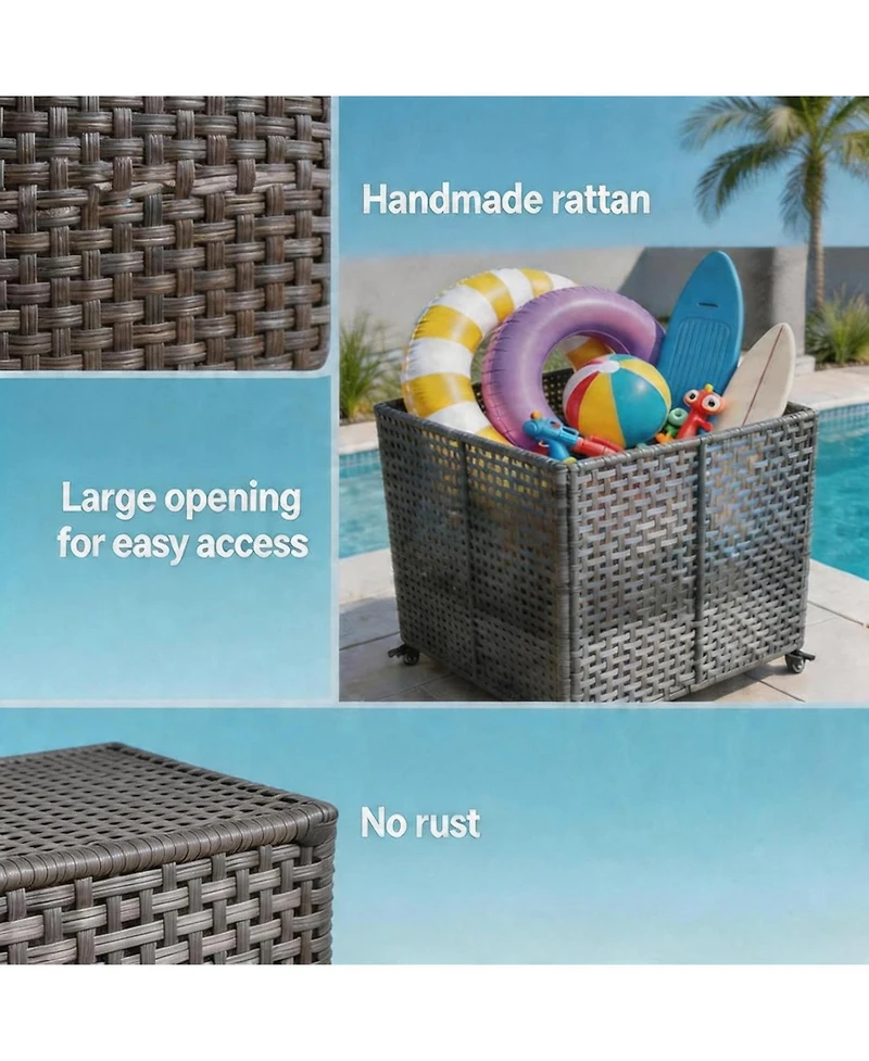gaomon Poolside Rattan Storage Organizer, Pool Float Storage With Mesh Rolling For Pool Noodles, Floats, Balls, And Equipment, Outdoor Storage Bin