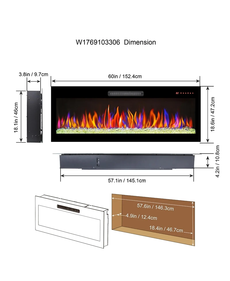 Clihome 60 inch Electric Fireplace Recessed UltraThin Tempered Glass Wall Mounted Electric Fireplace with Remote, Indoor Heater