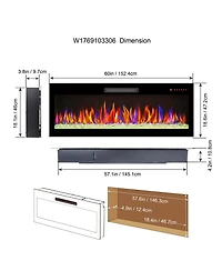 Clihome 60 inch Electric Fireplace Recessed UltraThin Tempered Glass Wall Mounted Electric Fireplace with Remote, Indoor Heater